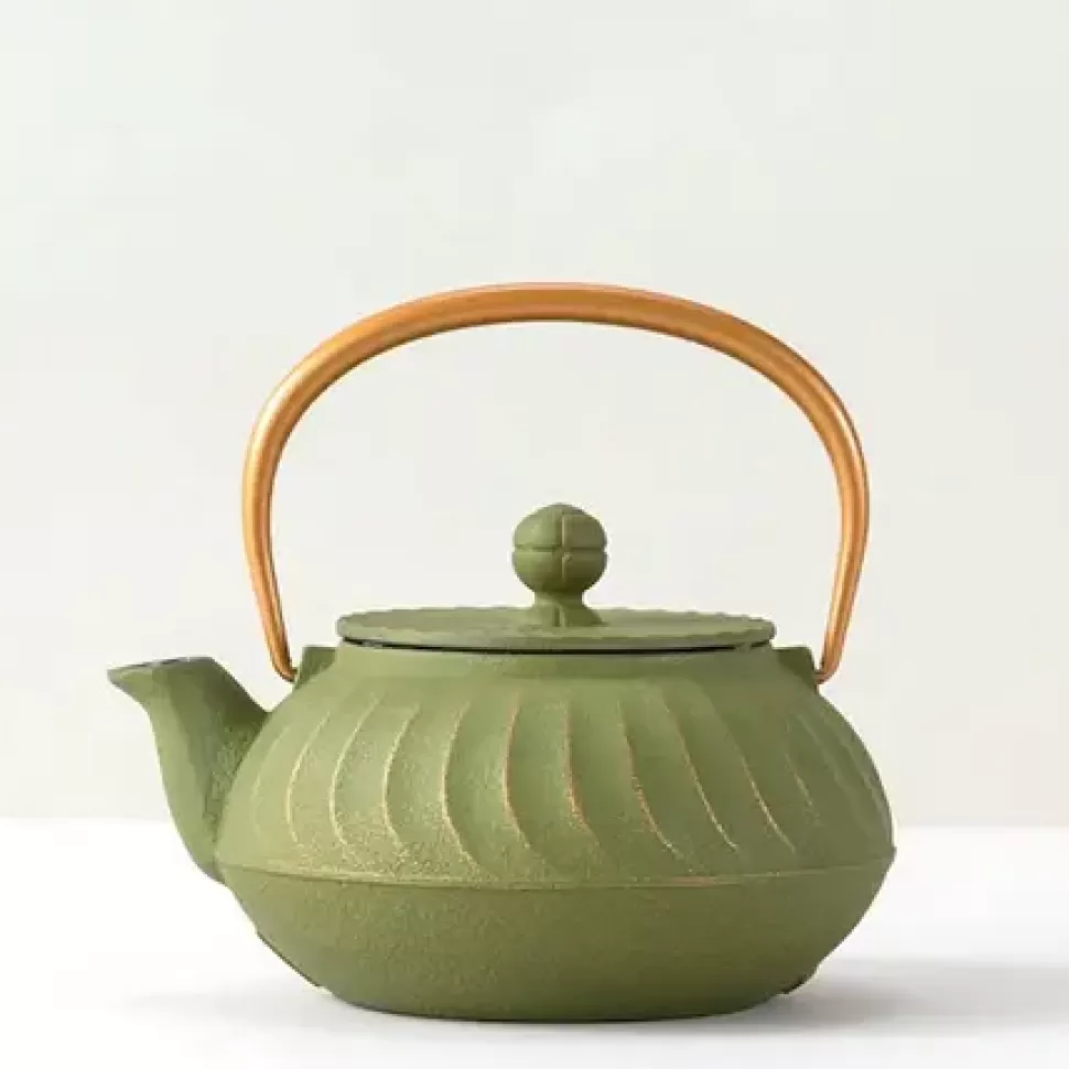 MIYA Company Teapots - Cast Iron^Cast Iron Teapot Olive Green Wave Gold Handle